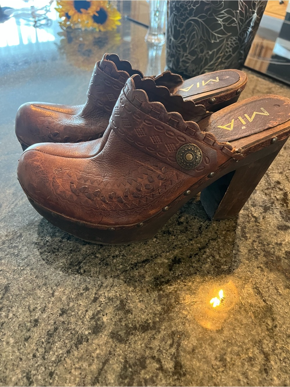 MIA Brown Leather Scalloped Clog Heels with Stud Accent